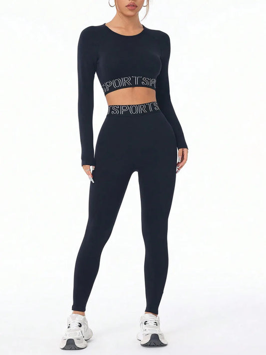 Letter Print Round Neck Long Sleeve Top and Leggings Active Set - Easy Pickins Store