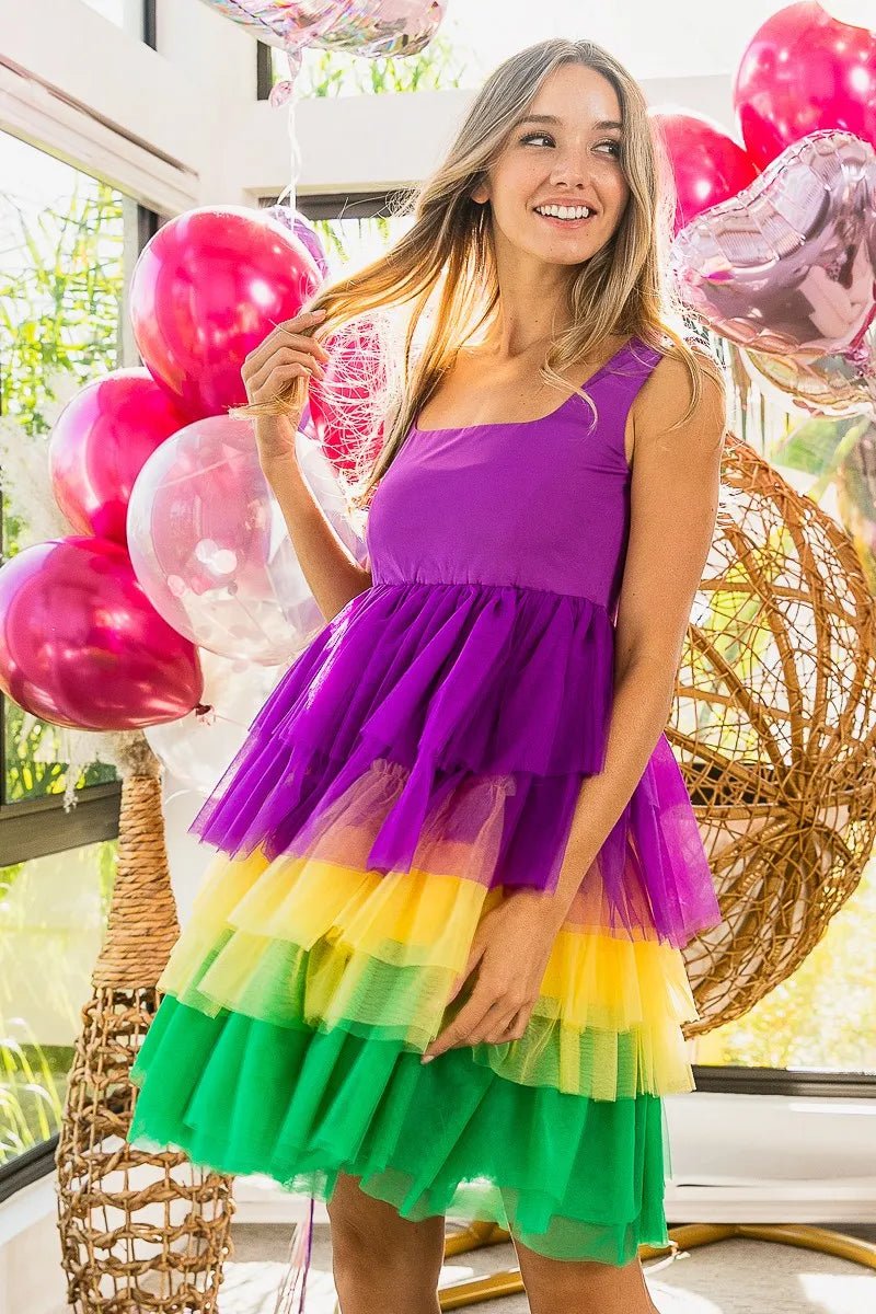Mardi Gras Color Block Layered Mesh Tiered Dress - Easy Pickins Store