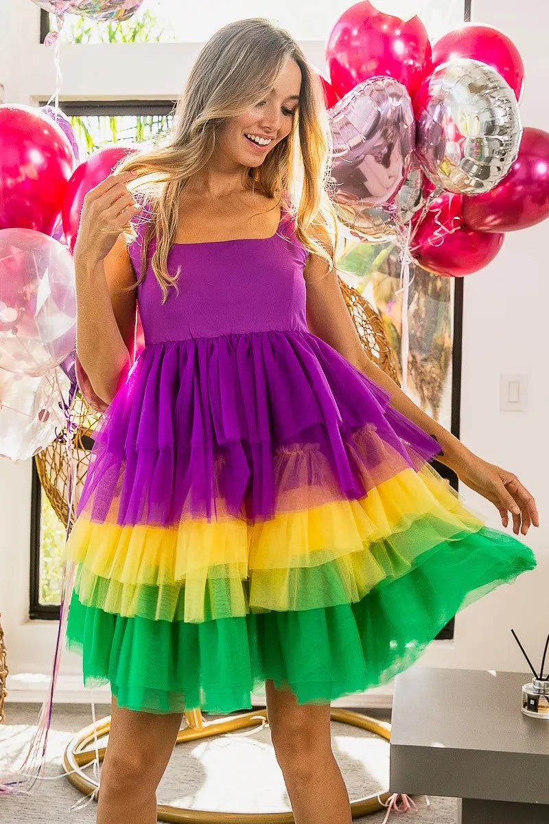 Mardi Gras Color Block Layered Mesh Tiered Dress - Easy Pickins Store