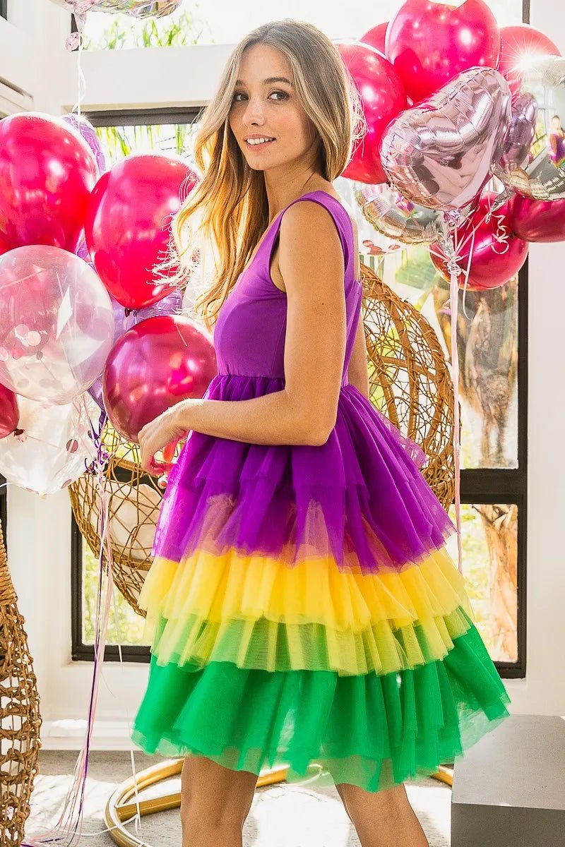 Mardi Gras Color Block Layered Mesh Tiered Dress - Easy Pickins Store
