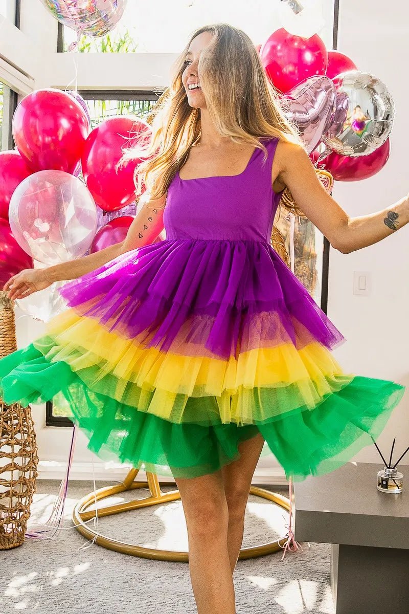 Mardi Gras Color Block Layered Mesh Tiered Dress - Easy Pickins Store