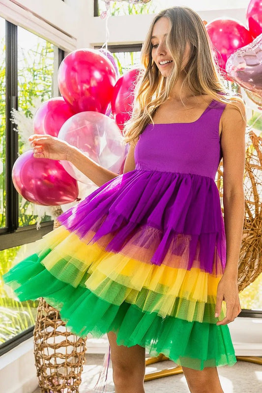 Mardi Gras Color Block Layered Mesh Tiered Dress - Easy Pickins Store