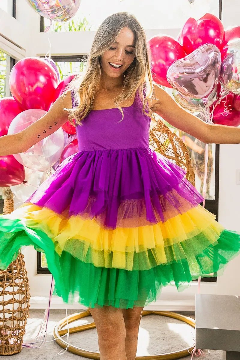 Mardi Gras Color Block Layered Mesh Tiered Dress - Easy Pickins Store