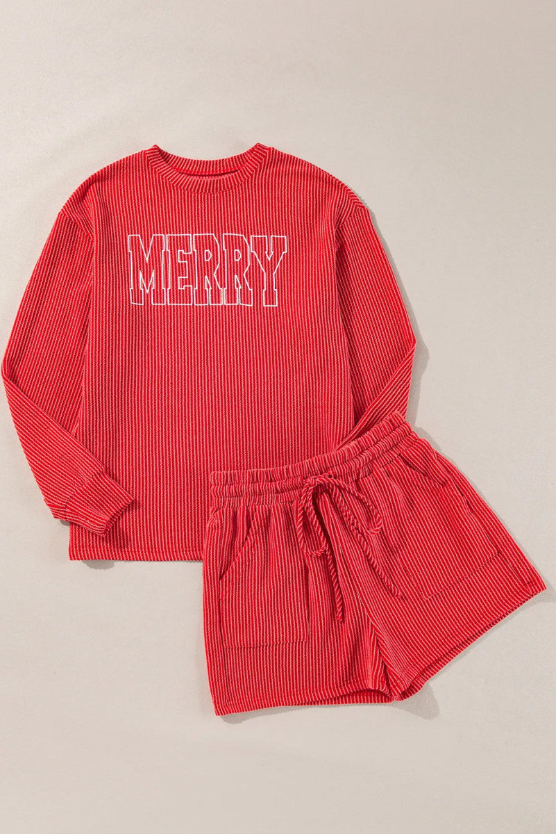 MERRY Round Neck Long Sleeve Top and Shorts Lounge Set - Easy Pickins Store