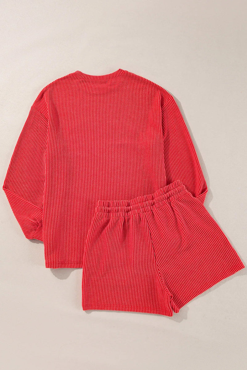 MERRY Round Neck Long Sleeve Top and Shorts Lounge Set - Easy Pickins Store