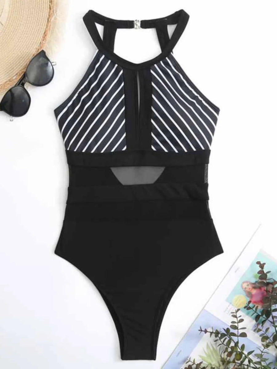 Mesh Detail Backless Striped One - Piece Swimsuit - Easy Pickins Store