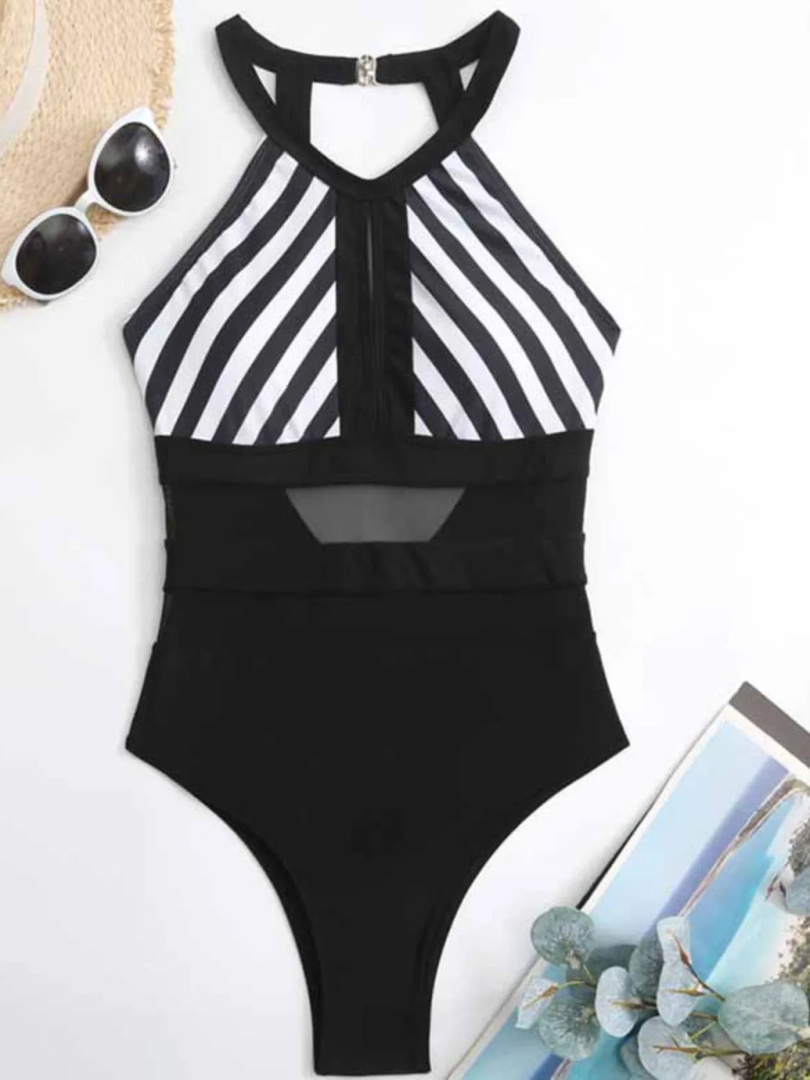 Mesh Detail Backless Striped One - Piece Swimsuit - Easy Pickins Store