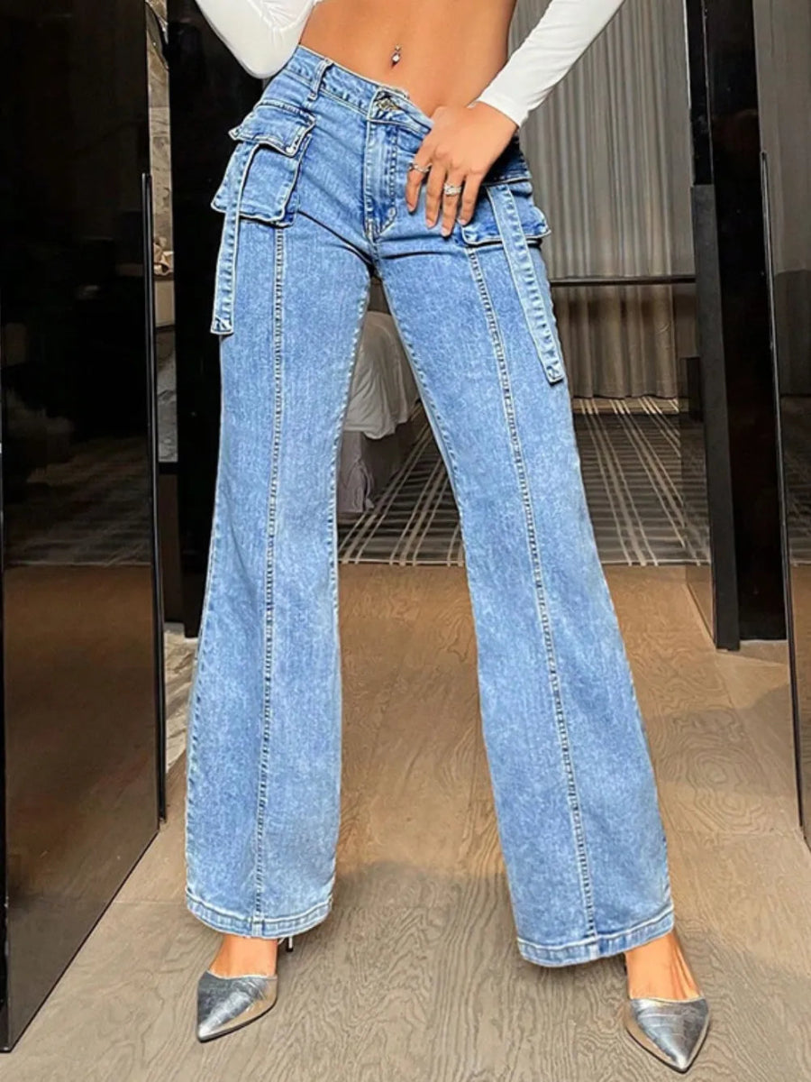 Mid Rise Straight Jeans with Cargo Pockets - Easy Pickins Store
