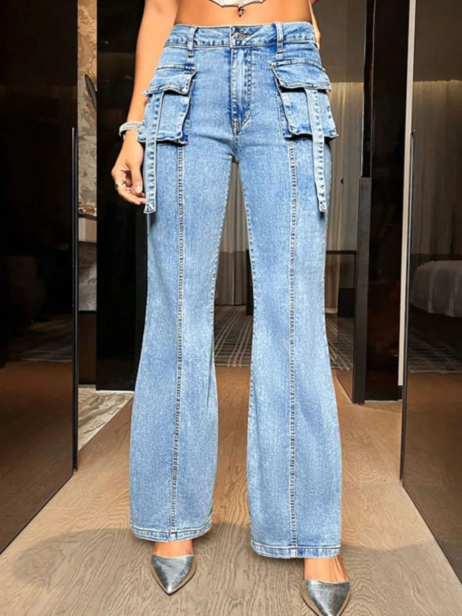 Mid Rise Straight Jeans with Cargo Pockets - Easy Pickins Store