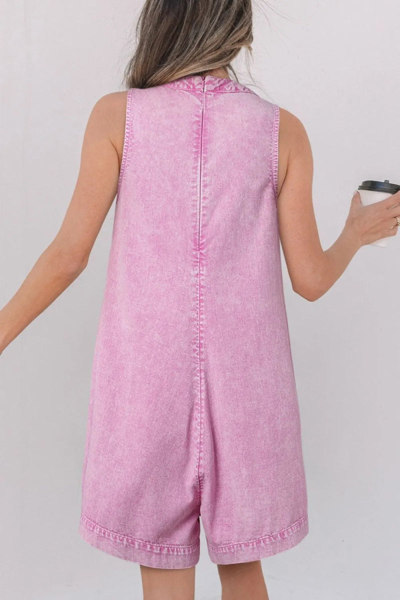 Mineral Wash Pleated Bust V Neck Sleeveless Denim Romper - Easy Pickins Store