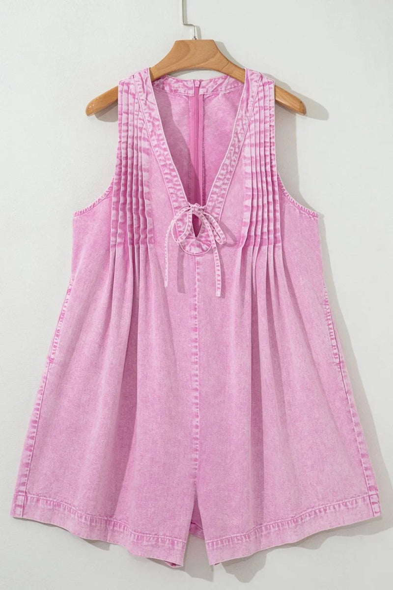 Mineral Wash Pleated Bust V Neck Sleeveless Denim Romper - Easy Pickins Store