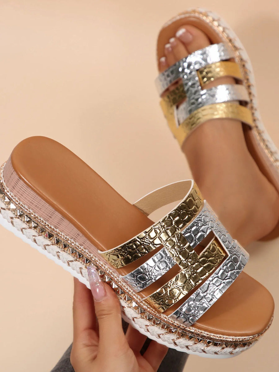 Multi - Strap Metallic Slide Sandals - Easy Pickins Store