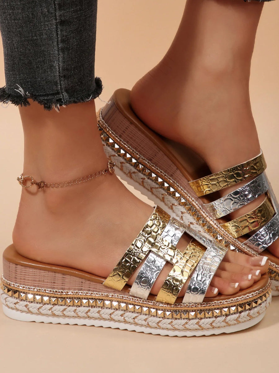 Multi - Strap Metallic Slide Sandals - Easy Pickins Store