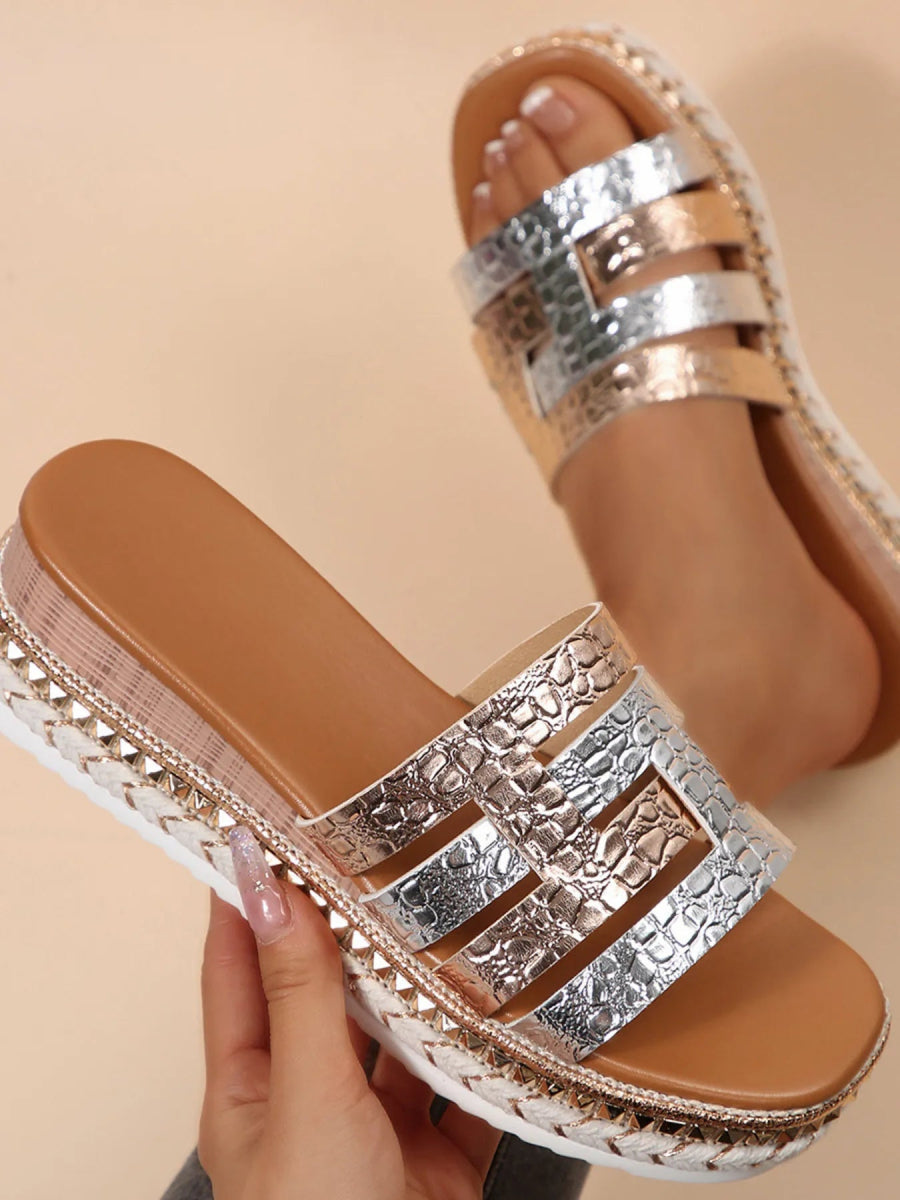 Multi - Strap Metallic Slide Sandals - Easy Pickins Store
