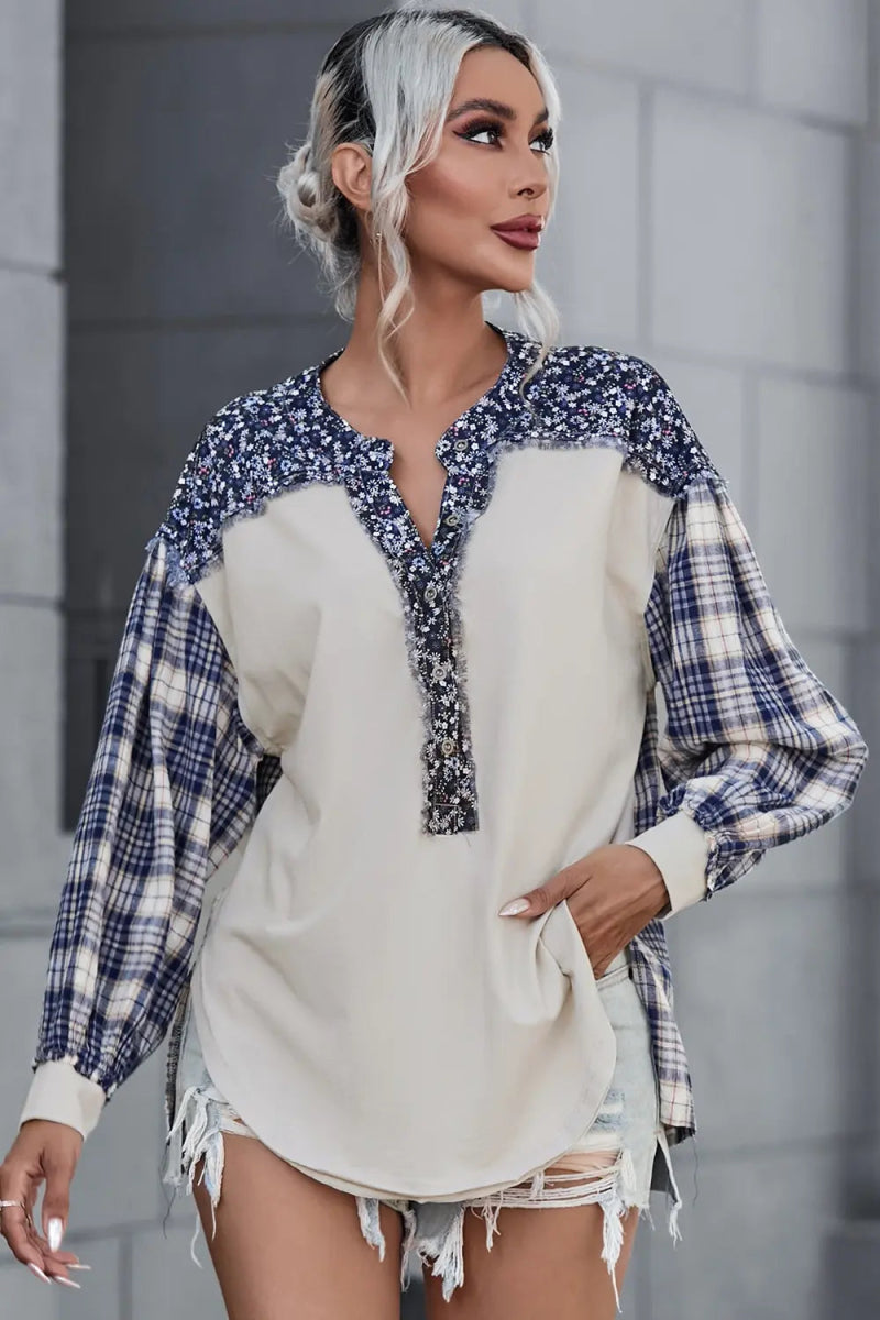 Plaid Notched Neck Slit Blouse - Easy Pickins Store