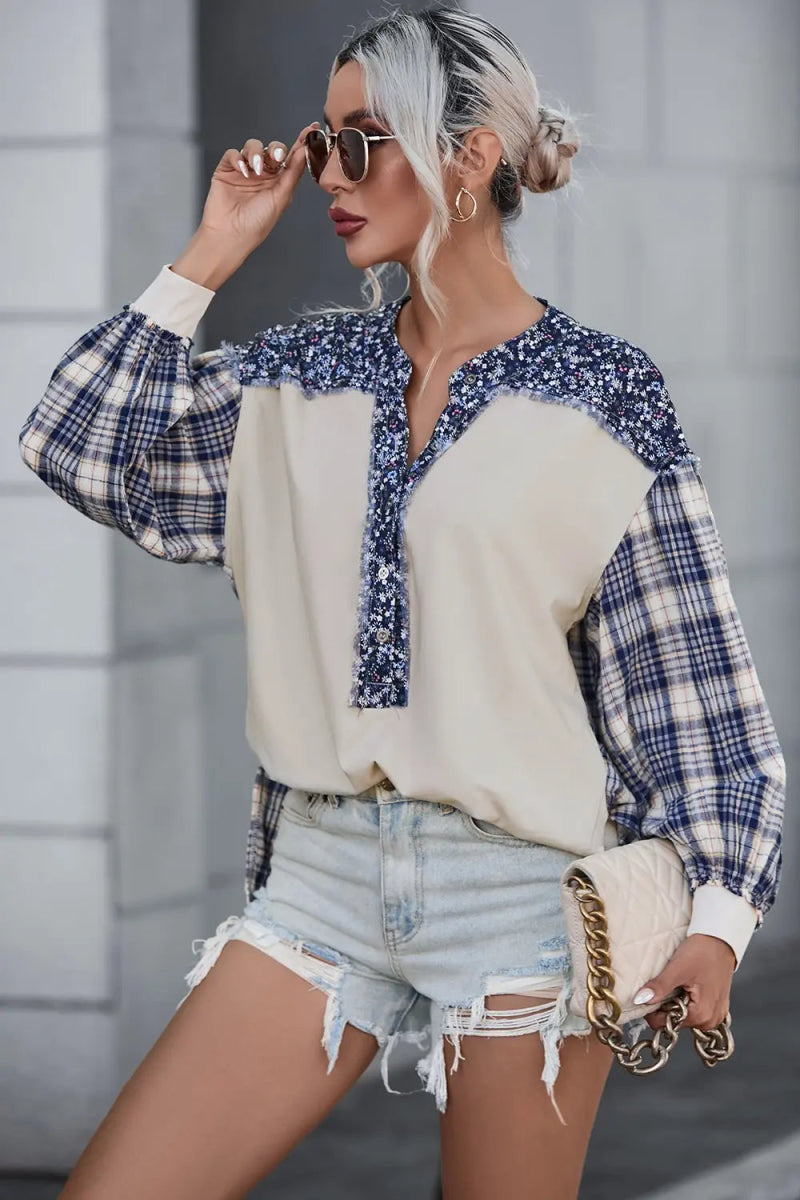 Plaid Notched Neck Slit Blouse - Easy Pickins Store