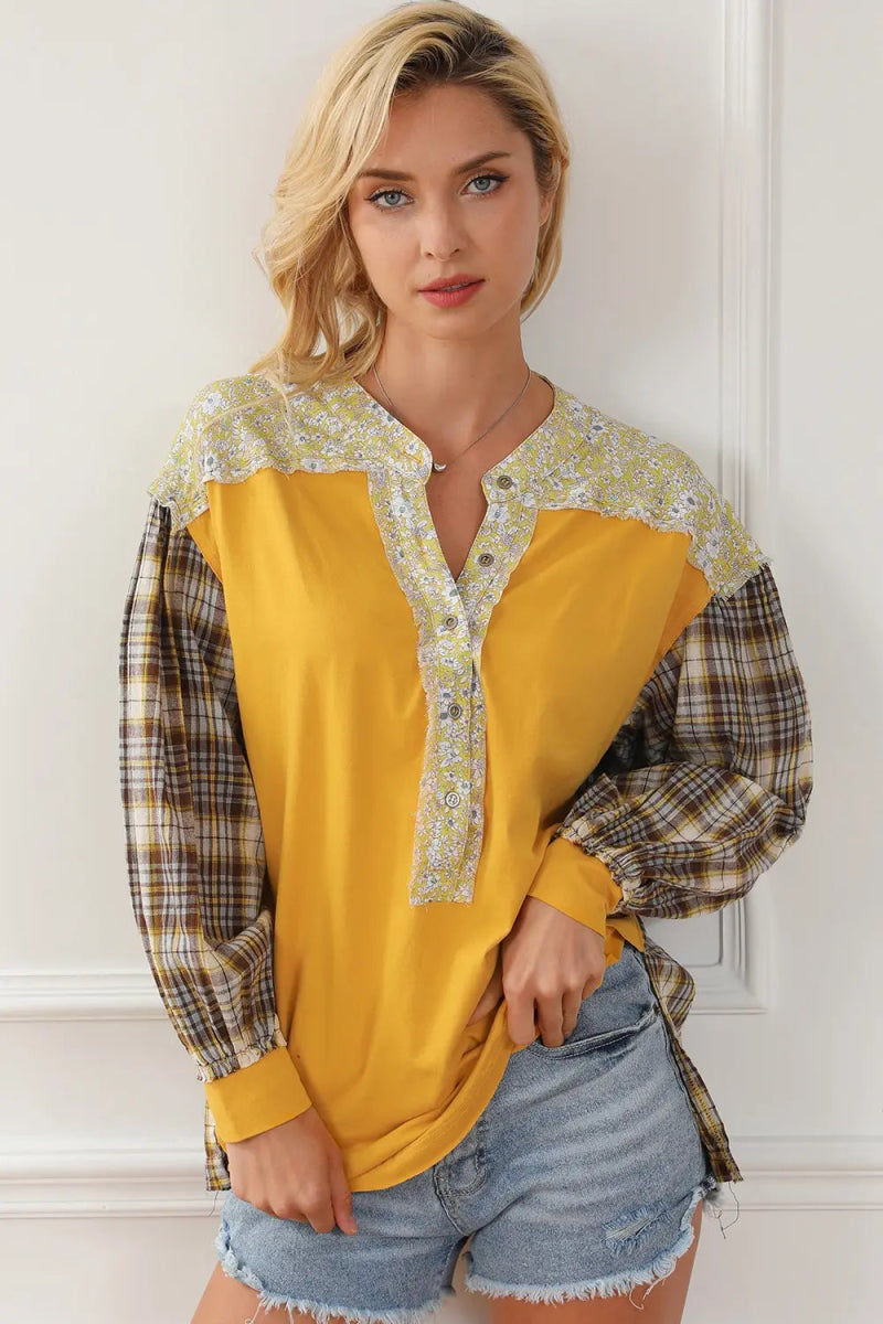 Plaid Notched Neck Slit Blouse - Easy Pickins Store