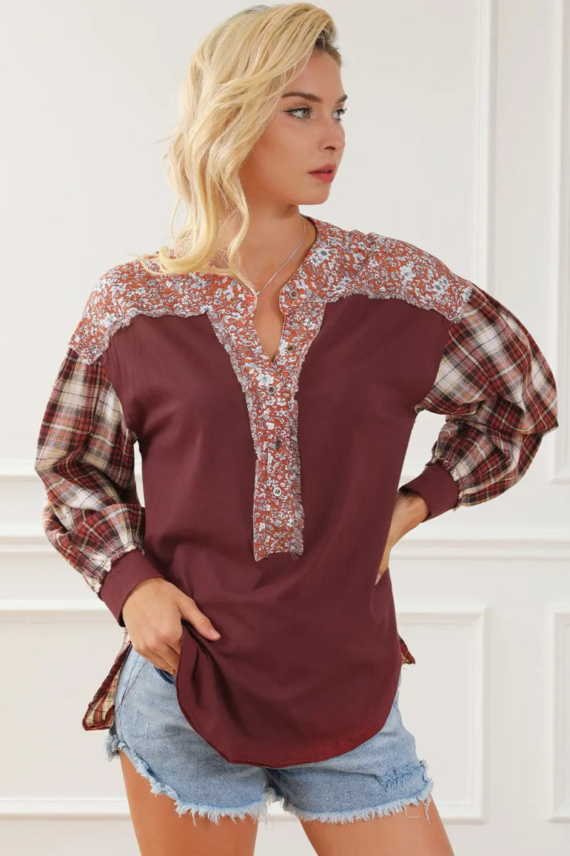 Plaid Notched Neck Slit Blouse - Easy Pickins Store