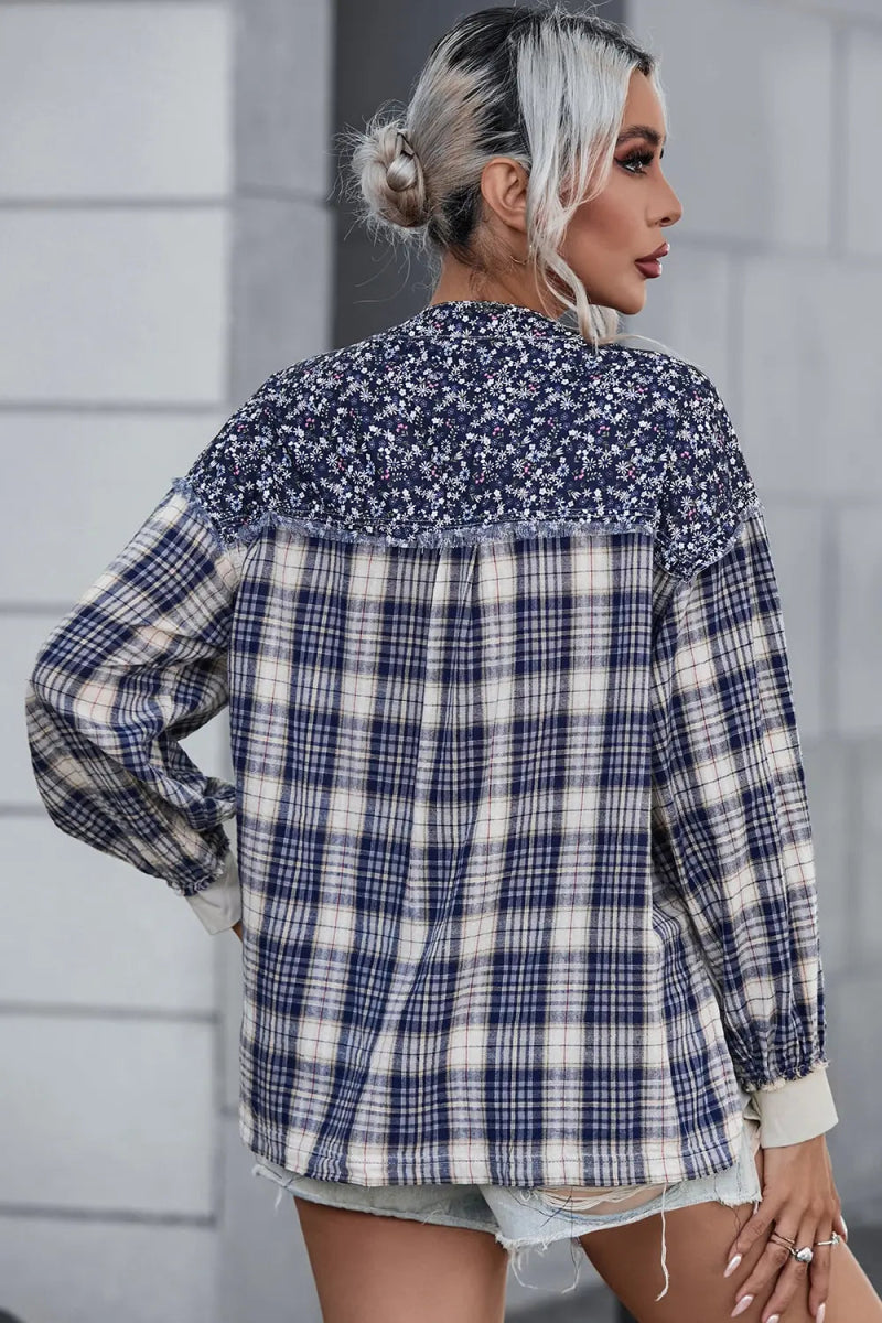 Plaid Notched Neck Slit Blouse - Easy Pickins Store