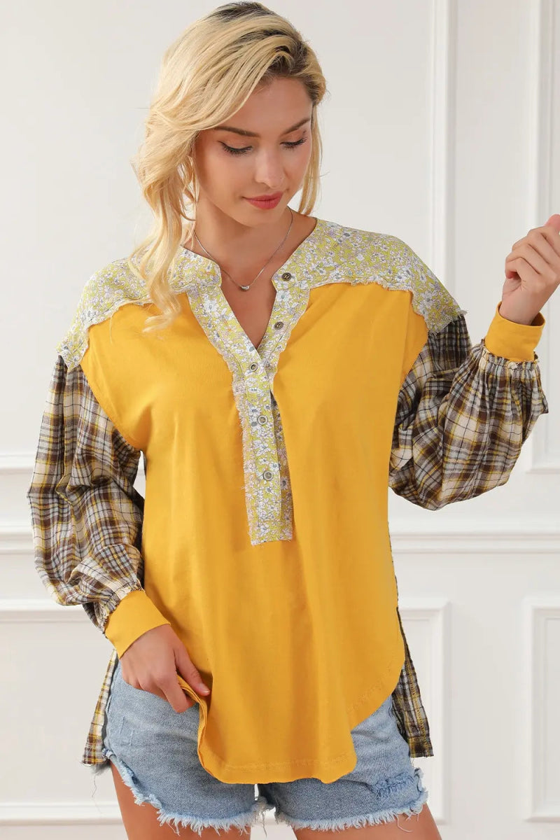 Plaid Notched Neck Slit Blouse - Easy Pickins Store