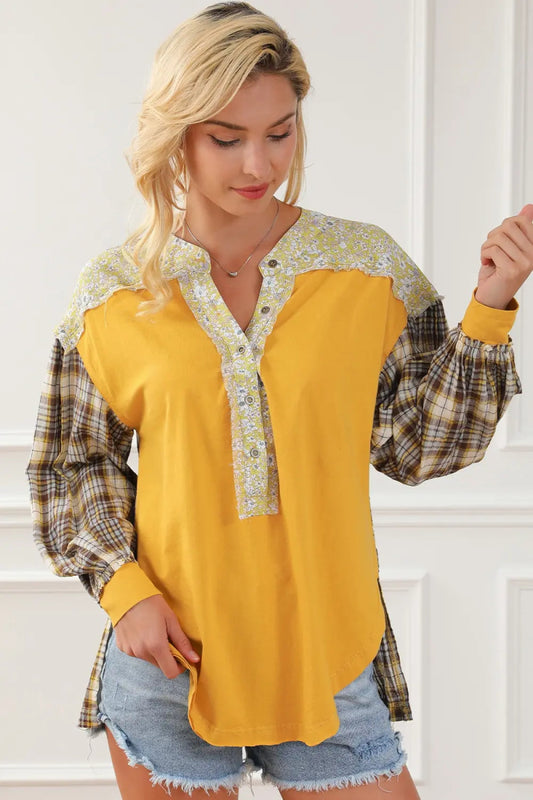 Plaid Notched Neck Slit Blouse - Easy Pickins Store
