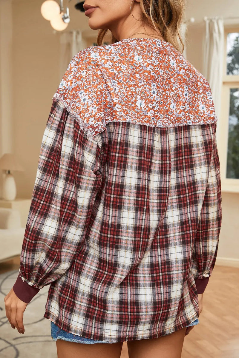 Plaid Notched Neck Slit Blouse - Easy Pickins Store