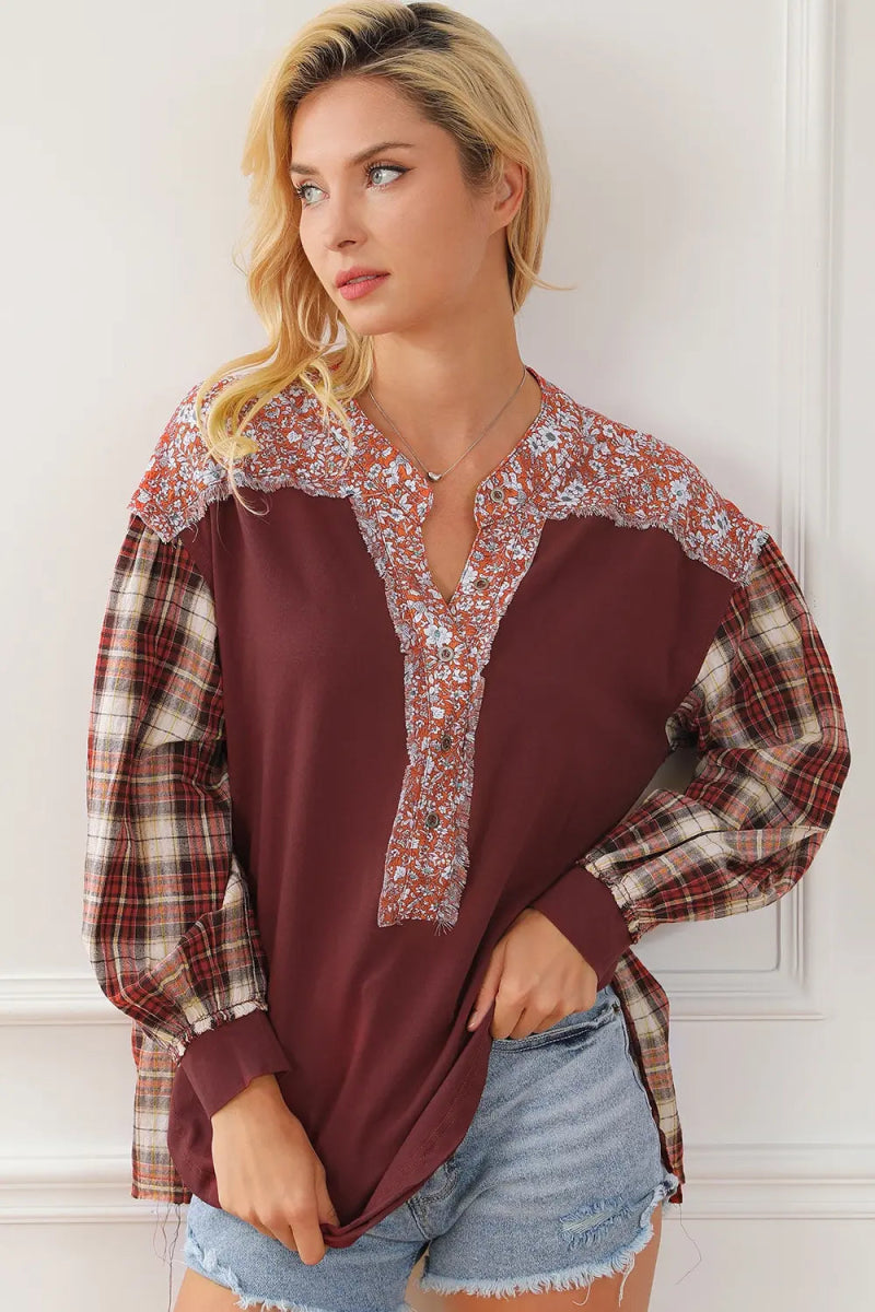 Plaid Notched Neck Slit Blouse - Easy Pickins Store