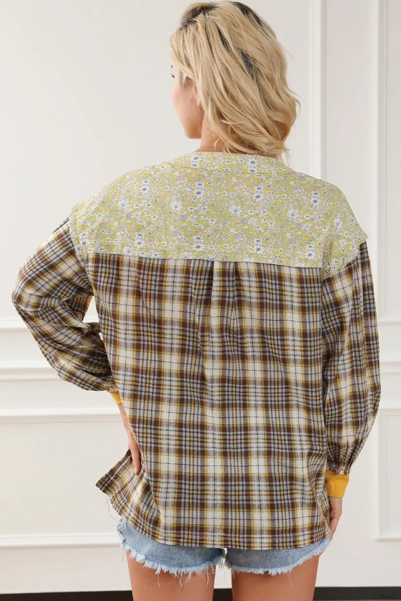 Plaid Notched Neck Slit Blouse - Easy Pickins Store
