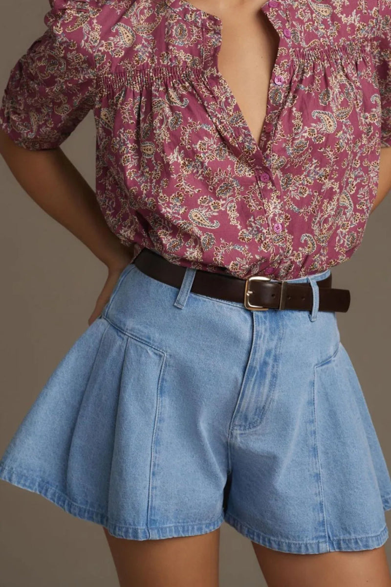 Pleated Patchwork Panel Lightweight Denim Shorts - Easy Pickins Store