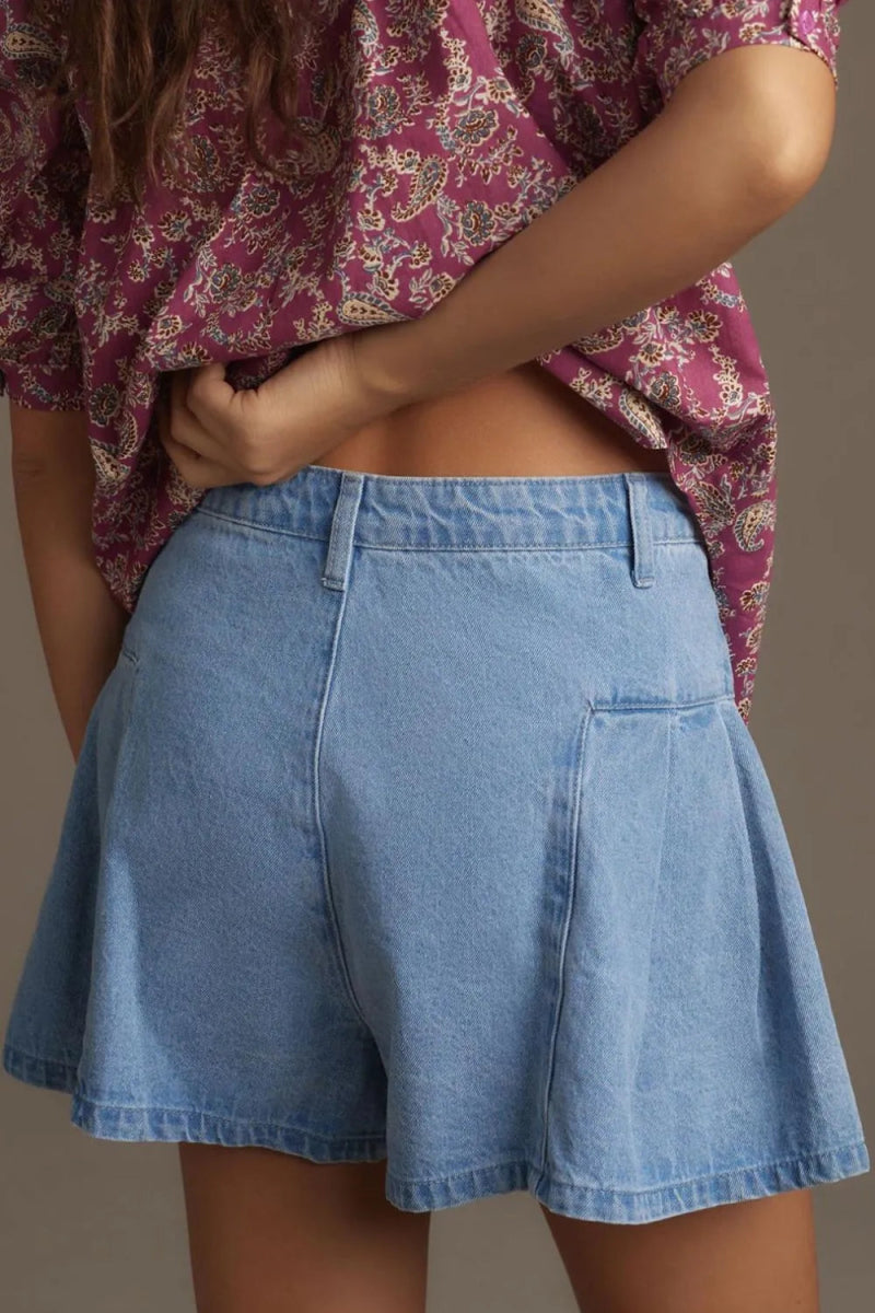 Pleated Patchwork Panel Lightweight Denim Shorts - Easy Pickins Store
