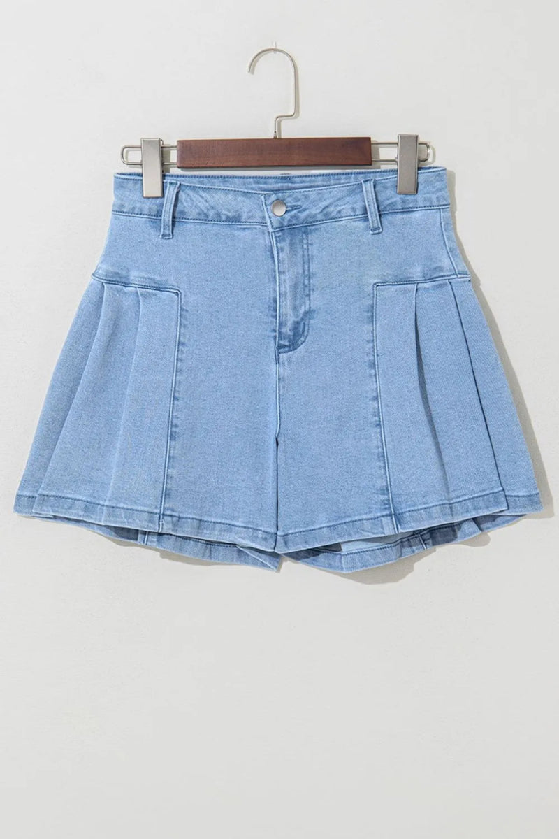Pleated Patchwork Panel Lightweight Denim Shorts - Easy Pickins Store
