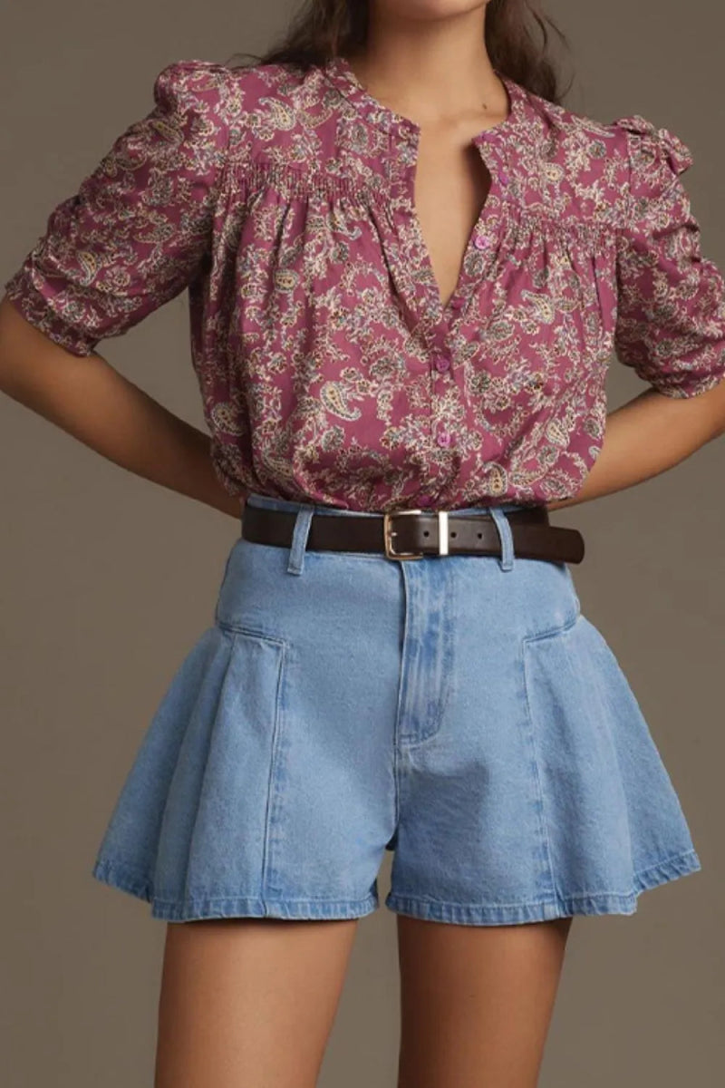 Pleated Patchwork Panel Lightweight Denim Shorts - Easy Pickins Store