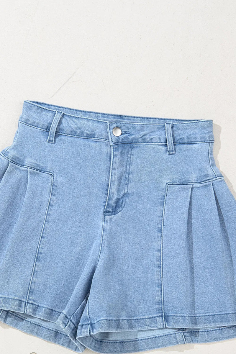 Pleated Patchwork Panel Lightweight Denim Shorts - Easy Pickins Store