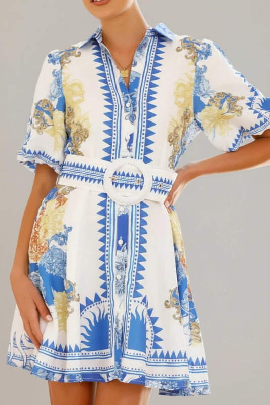 Printed Collared Neck Half Sleeve Dress - Easy Pickins Store