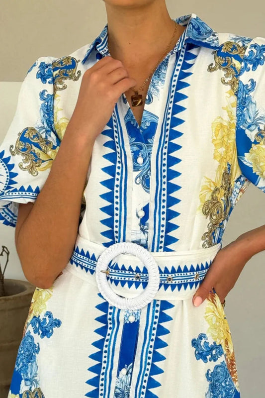 Printed Collared Neck Half Sleeve Dress - Easy Pickins Store