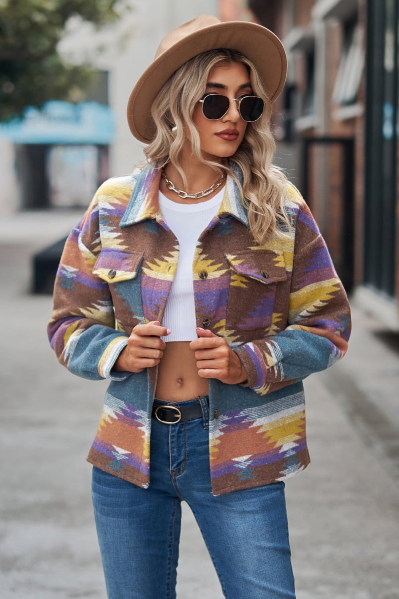 Buttoned Printed Collared Neck Jacket - Easy Pickins Store