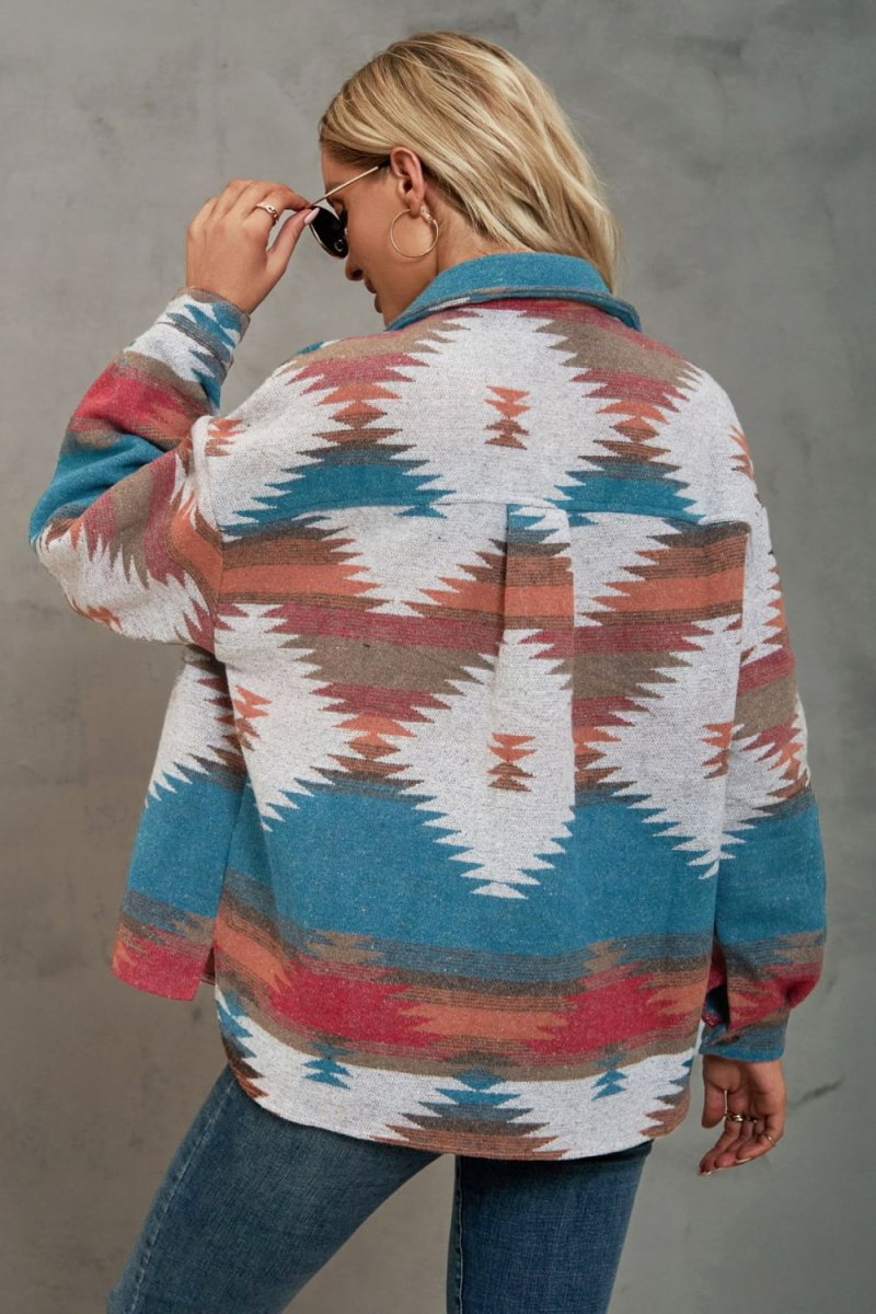 Buttoned Printed Collared Neck Jacket - Easy Pickins Store