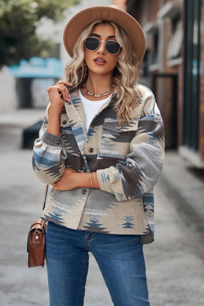 Buttoned Printed Collared Neck Jacket - Easy Pickins Store