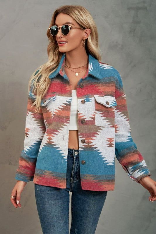 Buttoned Printed Collared Neck Jacket - Easy Pickins Store
