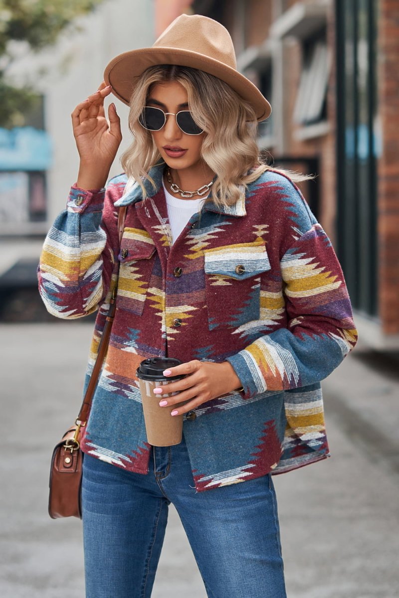 Buttoned Printed Collared Neck Jacket - Easy Pickins Store