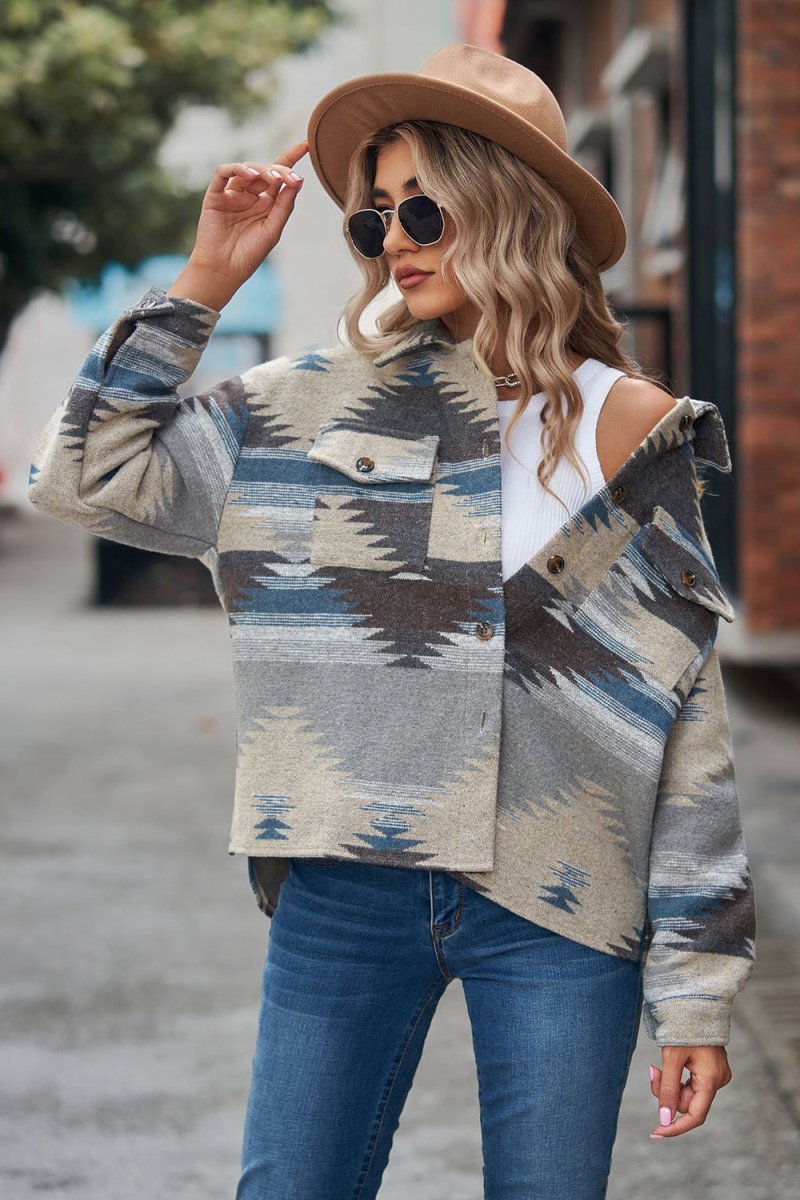 Buttoned Printed Collared Neck Jacket - Easy Pickins Store