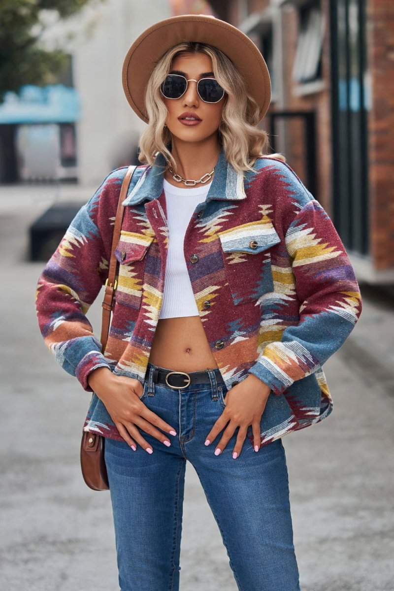 Buttoned Printed Collared Neck Jacket - Easy Pickins Store
