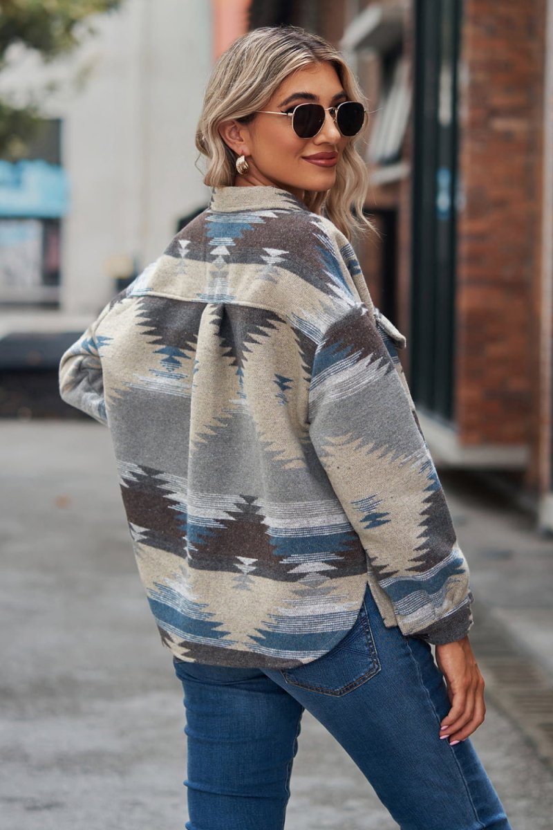 Buttoned Printed Collared Neck Jacket - Easy Pickins Store