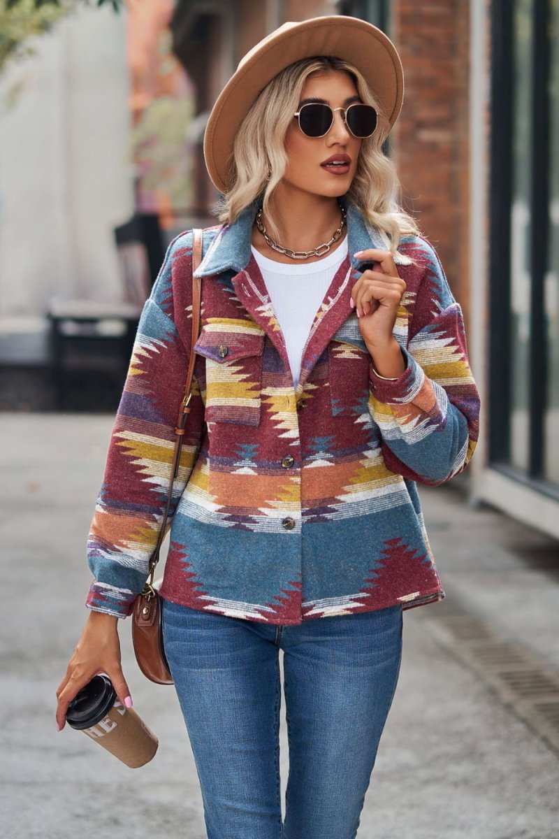 Buttoned Printed Collared Neck Jacket - Easy Pickins Store