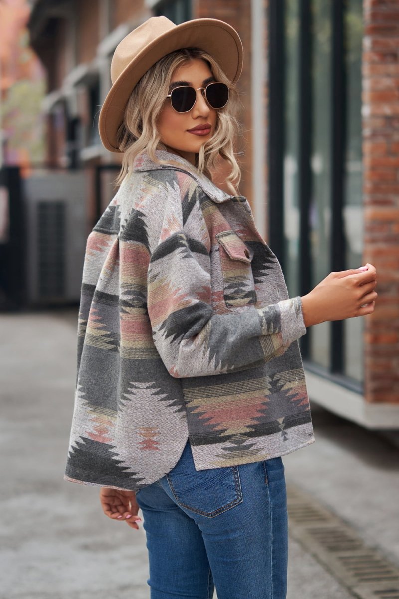 Buttoned Printed Collared Neck Jacket - Easy Pickins Store