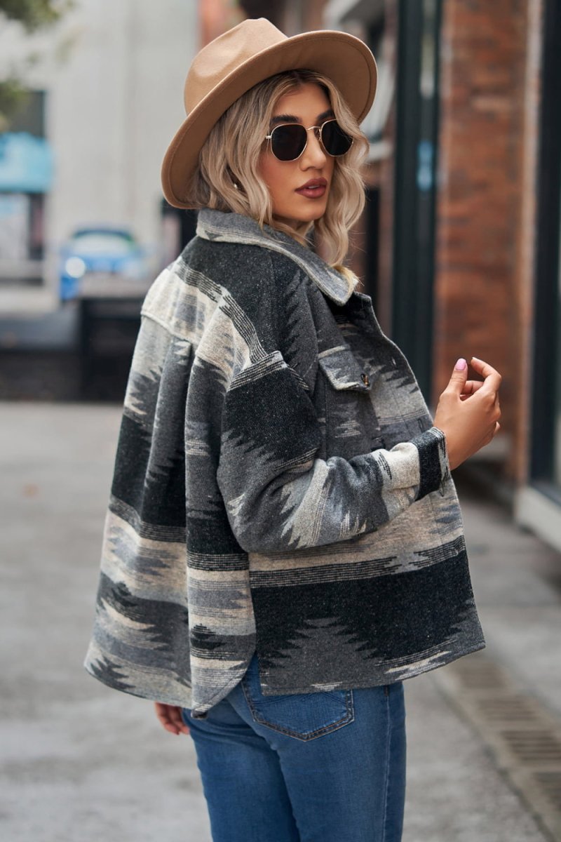 Buttoned Printed Collared Neck Jacket - Easy Pickins Store