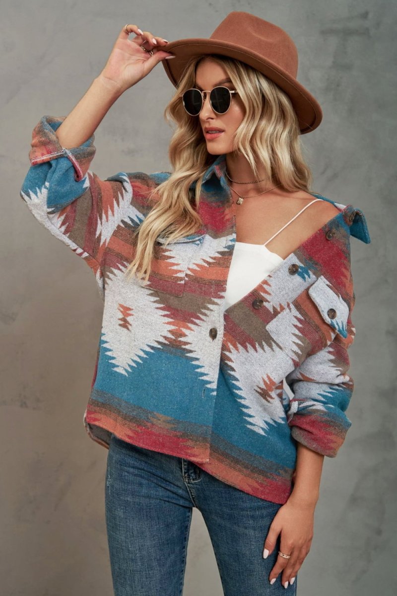 Buttoned Printed Collared Neck Jacket - Easy Pickins Store