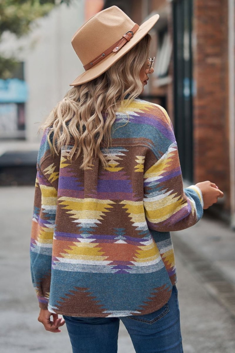 Buttoned Printed Collared Neck Jacket - Easy Pickins Store