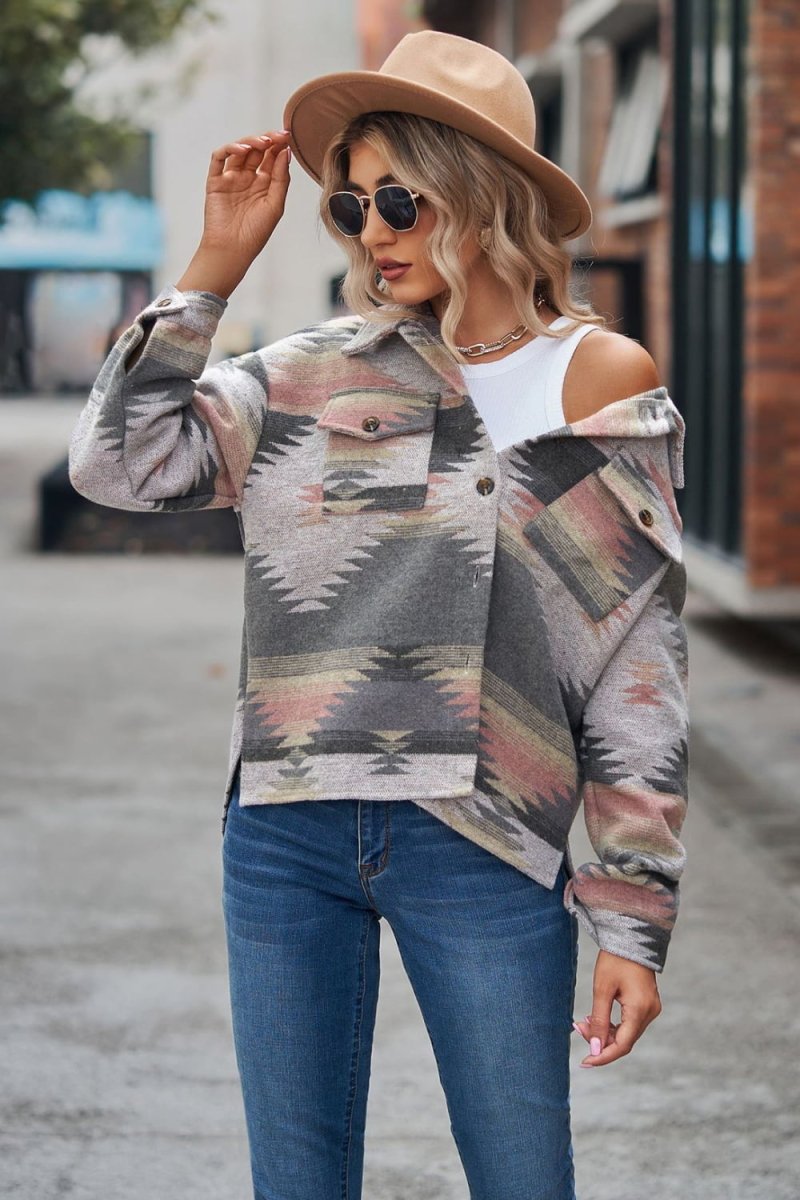 Buttoned Printed Collared Neck Jacket - Easy Pickins Store