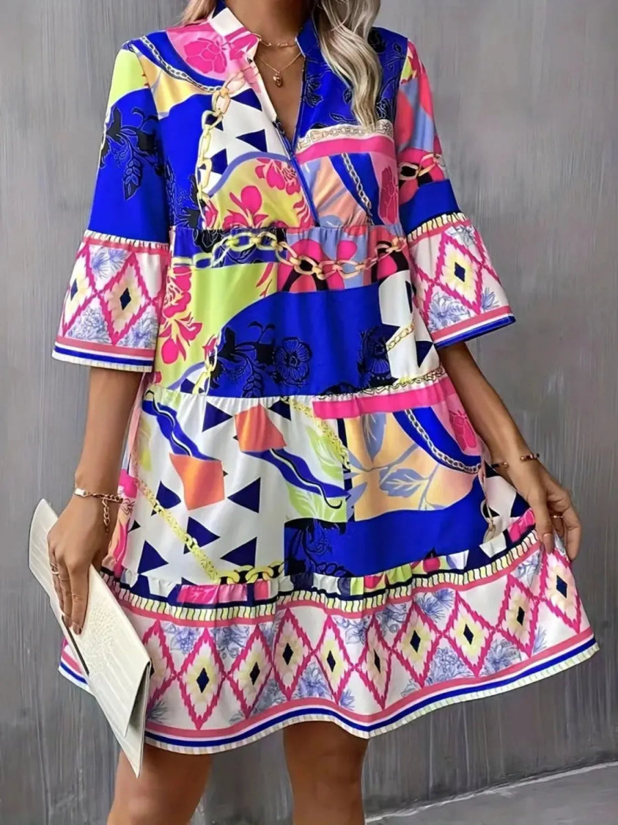 Printed Notched 3/4 Sleeve Tiered Dress - Easy Pickins Store